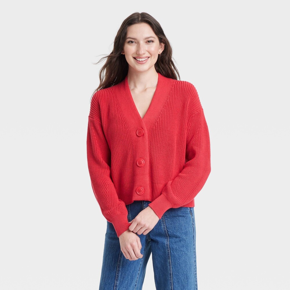 Button-Front Sweater Cardigan - Red M